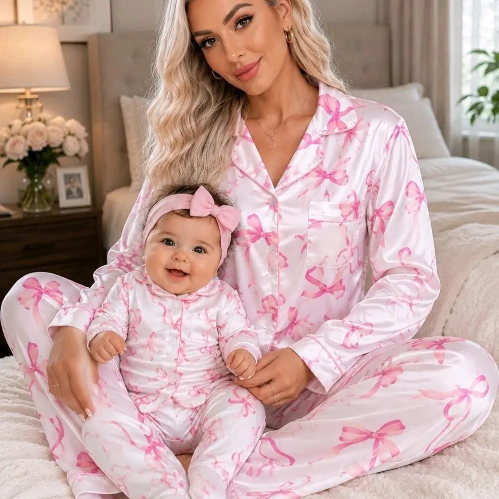 Mommy & Daughter Matching Pink Bow Pajama Set – Mother & Baby Girl 2-Piece Sleepwear  headband not included. Womenswear