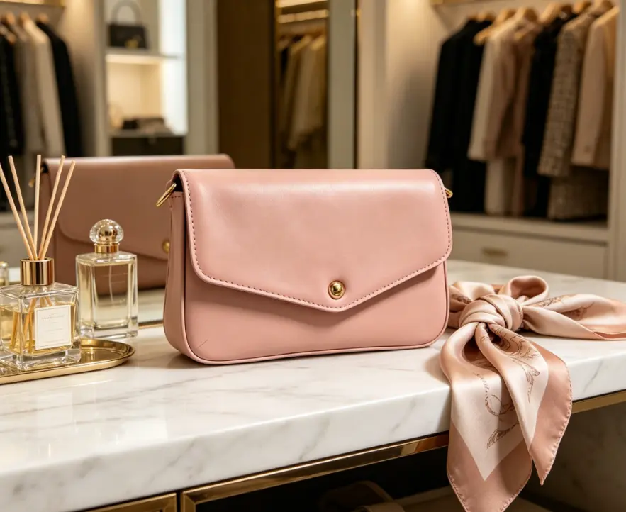 Y2K Pink Monogram Crossbody Bag, Vintage Inspired Envelope Purse with Gold Hardware, Cute Mini Shoulder Bag for Streetwear & Parties