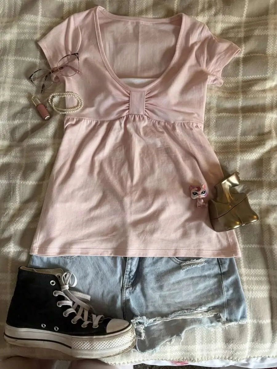 Women's Casual Solid Color V-Neck Short Sleeve Shirt, Summer