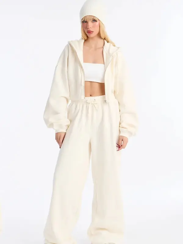 Viral White Fleece Two Piece Set - Soft Hoodie & Joggers Sweatsuit