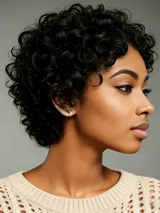 Short Pixie Cut Human Hair Wig with Bangs, Rose Net Cap, Natural Look, Full Machine Made Wig, Water Wave Wig for Women, Curly Pixie Wig