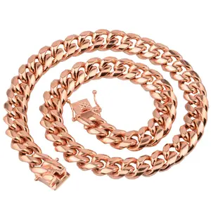 14mm Rose Gold Cuban Chain Tap Clasp Stainless Steel Necklace Chain Hip Hop Jewelry Men Women Daily Wear Decor Christmas Gift