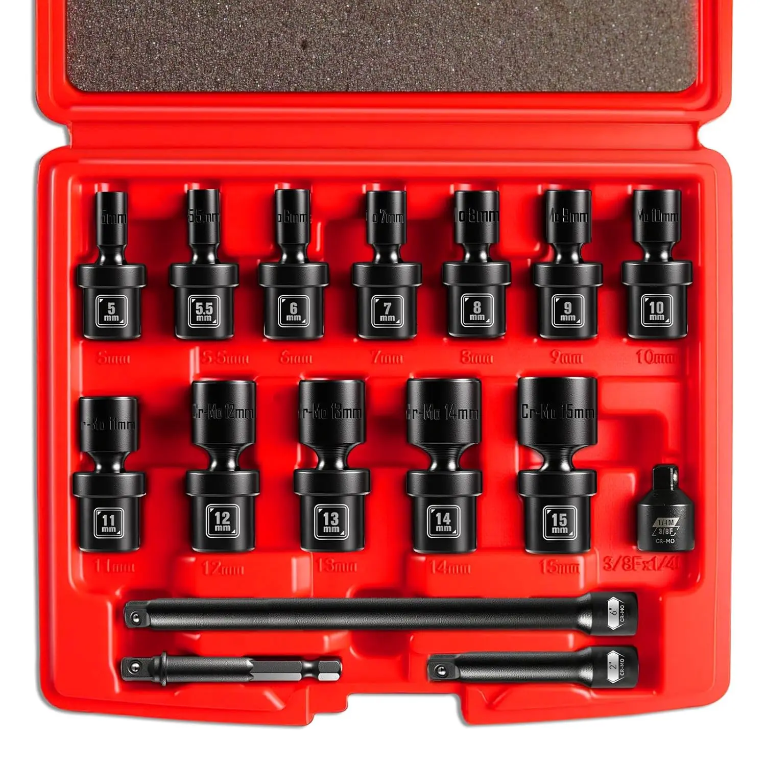 1/4" Drive Universal Impact Socket Set, 16-Pieces Swivel Socket Set, Metric(5-15mm) Flexible Wobble Socket Set, 2", 6" Extension Bars, Socket Adapter, 6 Point, CR-MO