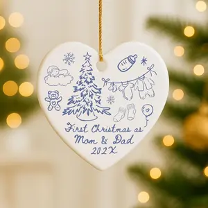 Custom Mommy And Daddy First Christmas Ornament, Personalized New Parents Heart Ornament, Custom New Baby Gift, Mom And Dad Ornament Newborn Doodle