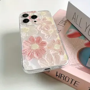 [Light Pink Floral Phone Case] Transparent Phone Case with Light Pink Floral Oil Painting Design |     Compatible with iPhone Models 16, 15, 14, 13, 12, 11 Pro Max, 14, 15, 16 Plus, XS, XR, X, 8, and 7 Smartphone Cellphone