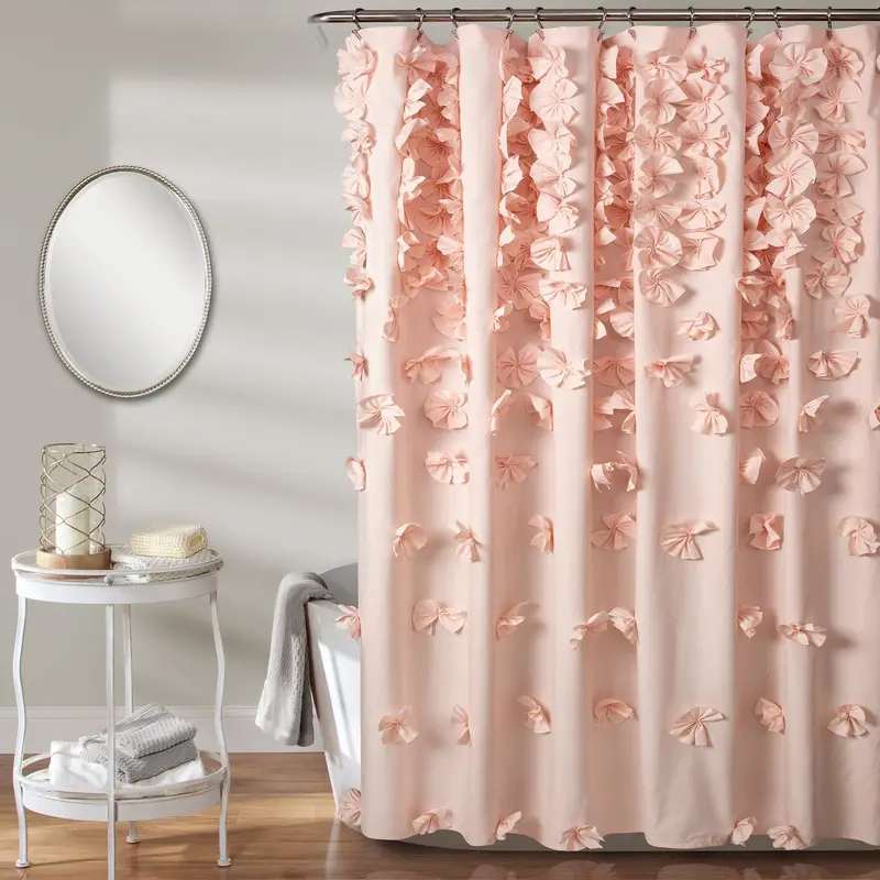 Lush Decor Riley Fabric Shower Curtain - 72x72" (72"h x 72"w), Floral Design, Frilled Trim, Shabby Chic French Country Style, Women's Bath Decor, Hand Wash, Hang Dry, Non-Chlorine Bleach, Bathroom Supplies