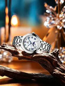Women's Moon Phase Watch, Quartz Movement, Roman Numerals, Blue Needle, Stainless Steel Band, Waterproof, Daily Wear, Business, Date Night