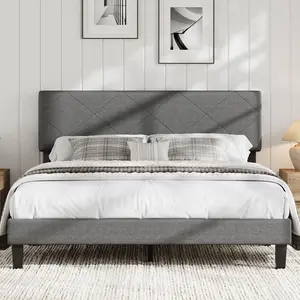 Upholstered Platform Bed Frame with Diamond Quilted Headboard, Gray Fabric, Wooden Slats, Noise-Free Support, No Box Spring Needed, Easy Assembly – Twin/Queen/King
