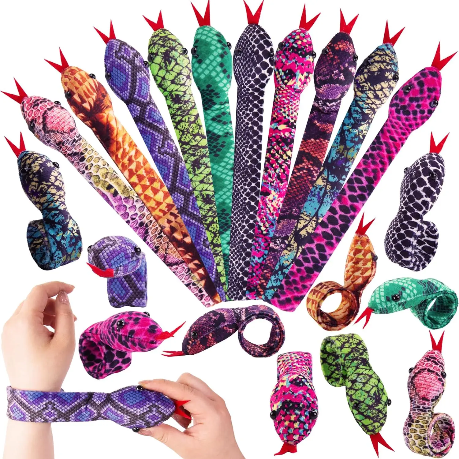SQ-HBL025 10PCS Snake Slap Bracelets, Stuffed Snap Bands Reptile Snap Bracelets Fuzzy Animal Bracelet for Birthday Party Favors Halloween 10 Assorted Designs