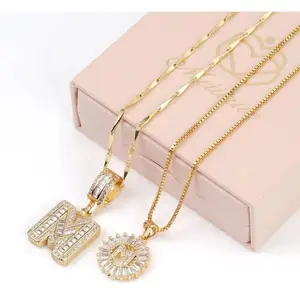 2 PCS Golden Color Initial Letter  Necklaces with Zircon Stones for Women, 14K Gold Plated Alphabet Pendant Necklace, Fashion Jewelry for Parties & Birthdays, Personalized Name Jewelry Gift