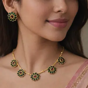 Elegant Green Floral Necklace Set | Traditional Indian Jewelry
