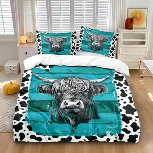 3-piece set (1 quilt cover +2 pillowcases, coreless) cow pattern highland cow print quilt cover set, soft and comfortable bedding, suitable for use in all rooms, room decoration, Decorative Bedding Set