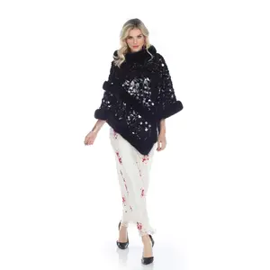 Aris A Black/Gold/Silver Sequins Poncho with Soft Fur Trim
