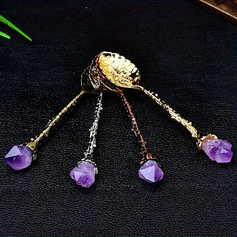 1/2/4/7pcs Natural Amethyst Flower Coffee Spoons Decorative Tea Spoons, Purple Crystal Spoons,Vintage Carved Spoons Dessert Spoon Ice Cream Spoons Hand Polished Raw Stone Crystal,Lucky home