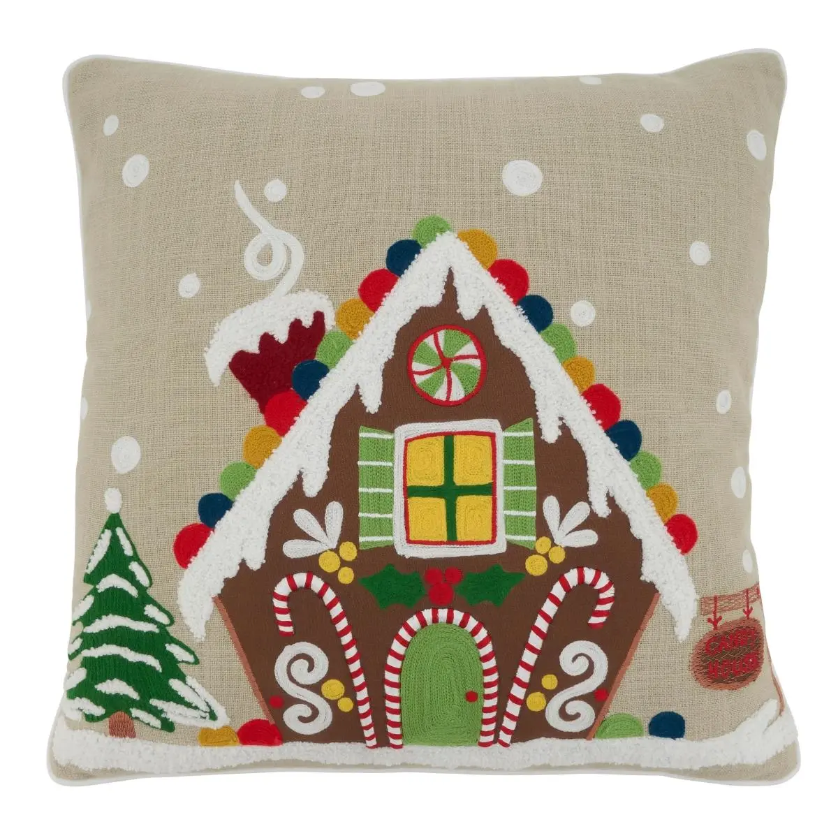 SARO 1171.N18SD 18 in. Square Natural Cotton Gingerbread House Throw Pillow - Down Filling, Attractive Designs, Machine Washable
