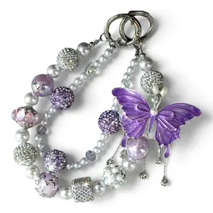 Butterfly Car Keychain for Women, Luxury Bling Crystal Beaded Phone Charm, Pink/Purple Aesthetic Car Key Fob Accessory, Y2K Girly Car Decor Gift