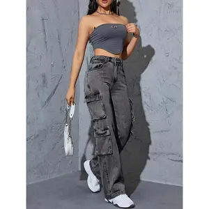 Women High Waist wide leg Denim Jeans, Boyfriend Wide Leg Cargo pants, Casual Denim Baggy Pants with Pockets, Women'S Denim Jeans & Clothing Womenswear Bottom Trouser Streetwear Comfort Dark Gray Gamis