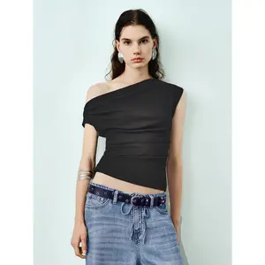 URBAN REVIVO 2026 Spring New Arrival Women's Cotton Fabric Clothes - Elegant 1-Shoulder, Asymmetrical Ruffled Short-Sleeve Fitted Skinny T-Shirt, UWG450188, Womenswear Tops