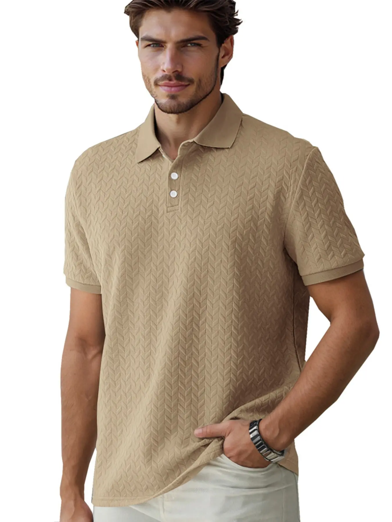 Men's Summer Outfits Solid Color Casual Herringbone Jacquard Polo Shirt for Daliy Wear, Short Sleeve Collar T-Shirt, Stretch Lightweight Top, Street Style & Commute, Streetwear, Multiple Colors Available