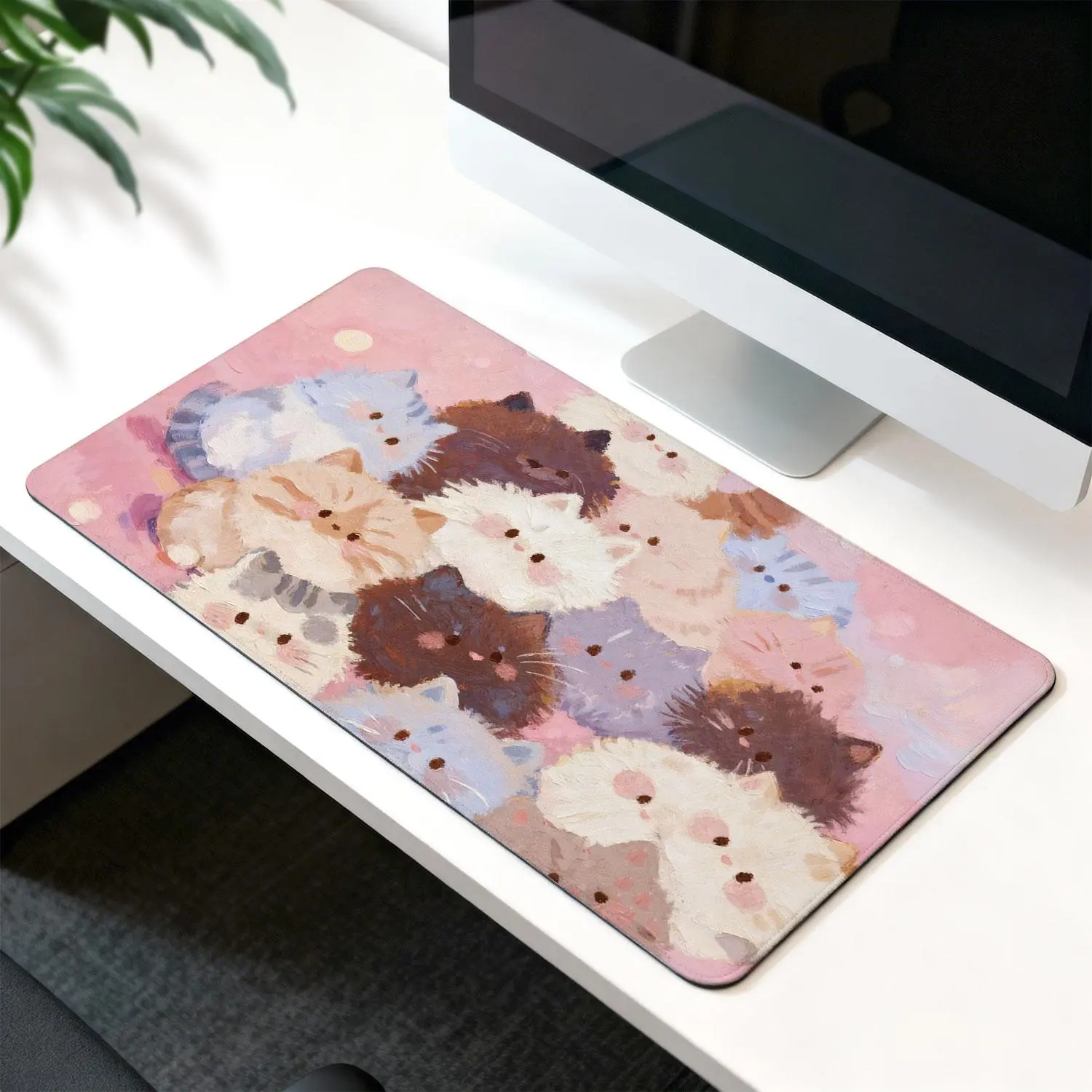 LIVEKEY Cute Cat Fantasy Plastic Gaming Mousepad - Large 31.5x15.75in Rectangular Desk Mat, Stable Rubber Base, Reinforced Stitched Edges, Precise Smooth Control for Gamers & Office Users