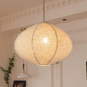 16 Inch Oval Hanging Lamp Shade, Faux Linen Foldable Fabric Replacement Pendant Shade, White with Beige Minimalist Lantern Shade for Bedroom Living Room Kitchen