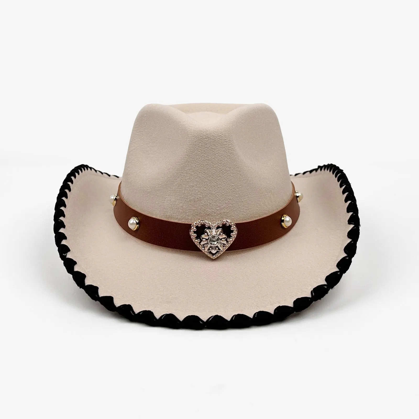 OIDEA Women's Western Felt Cowboy Hat with Heart Rhinestone Buckle and Faux Pearl Band, Wide Brim Fedora for Festivals and Parties, Rhinestones, Unisex, Western Accessories