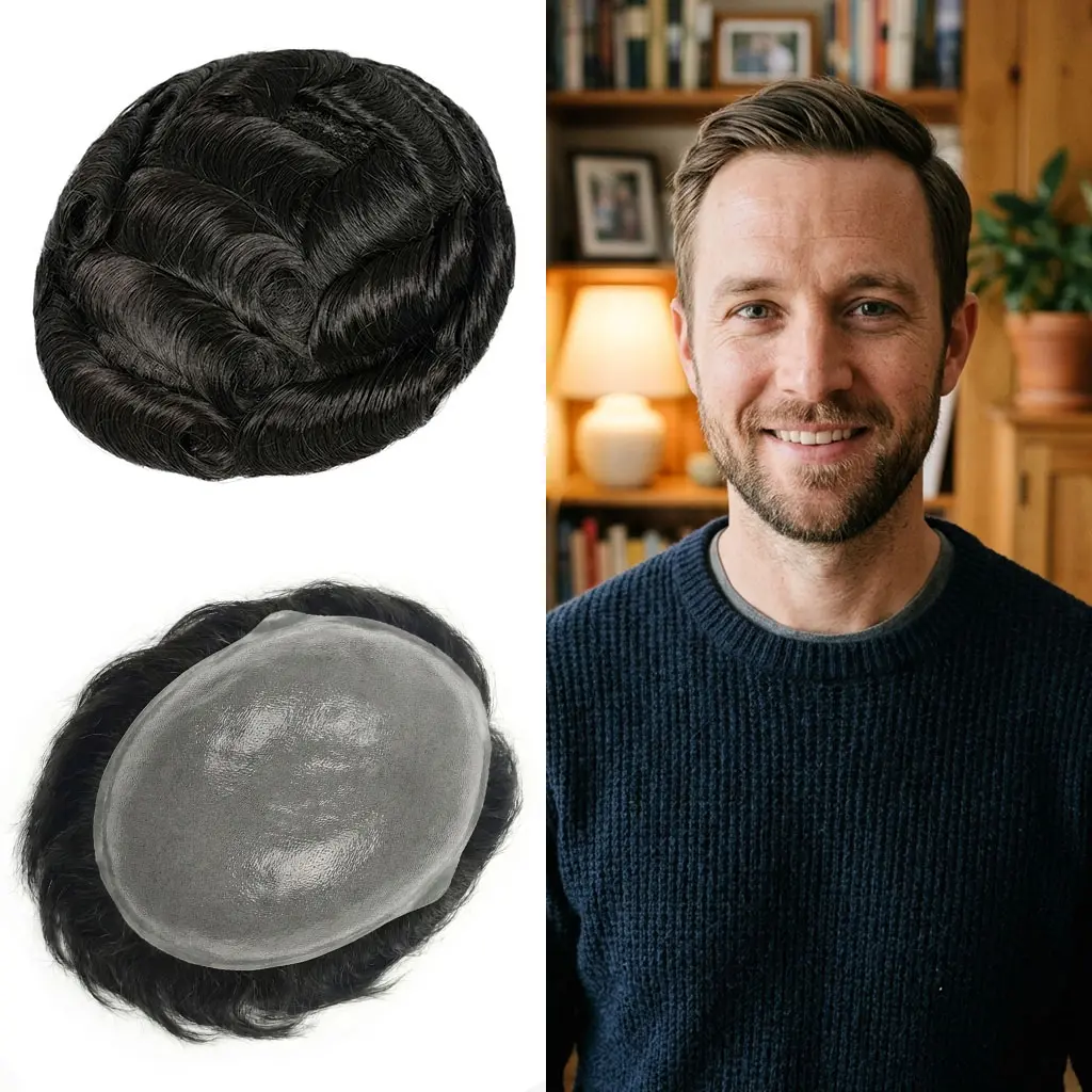 QIANSEE Premium Male Toupee, 0.06mm Bio Skin Hybrid V-Loop 100% Human Hair Replacement System, 1B Natural Black Men's Hair Piece, Hair System
