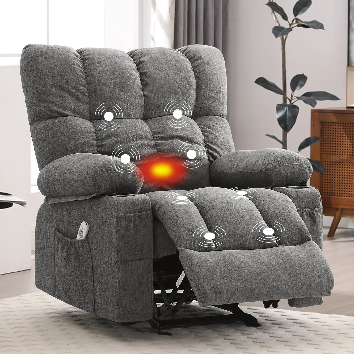 JONPONY Recliner Chair, Swivel Rocker Recliner Chair for Adults, Upholstered Manual Recliner with Side Pockets,Elderly Single Rocker Sofa with Cup Holders for Bedroom Home Theater,Grey