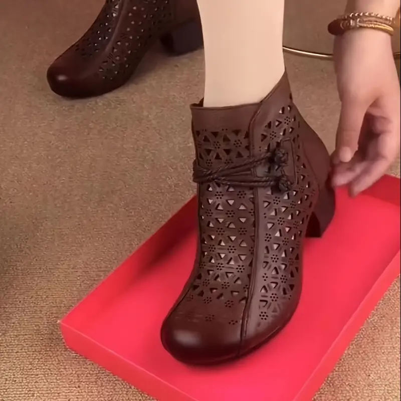 Women's Elegant Dressy Casual Mid-Heel Chunky Sole Boots - Soft Synthetic Cover Upper with Decorative Hole Design, Zipper Closure & Cushioned Insole for All-Day Comfort - Versatile Summer Shoes for Dresses & Casual Outfits Footwear Rubber