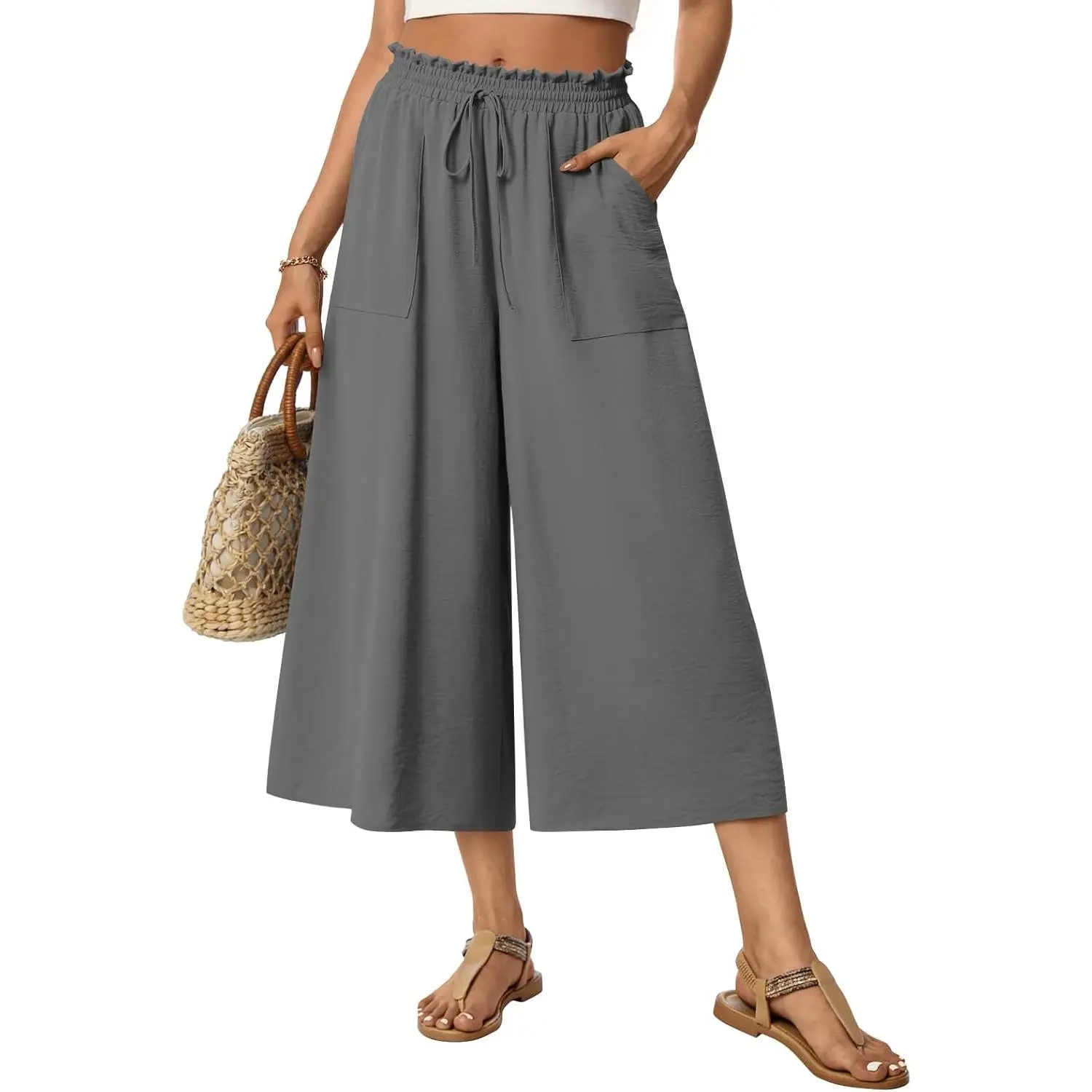 Women's Gaucho Culottes, High Waist Wide Leg Polyester Fabric Bottoms, Casual Activewear with Pockets, Versatile Garment for Lounge or Office, Lightweight, Clothes, Capri Pants, Drawstring Close, Baggy, Multi-Size, Side Pockets, Cold Wash, Solid, All Seas