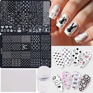 Heart & Bow & Rabbit Pattern Nail Art Stamper Set, 1 Set Stainless Steel Nail Stamping Plate & Stamper & Scraper, Diy Nail Art Tool for Women & Girls, Manicure, Manicure Kit