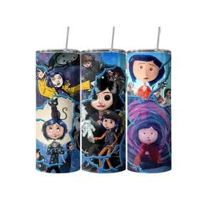 20oz Coraline Anime Themed Blue and Purple Tall Tumbler Bottle Drinkware Lid Straw
