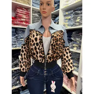 Women’s Zip upJacket half denim & half leopard print