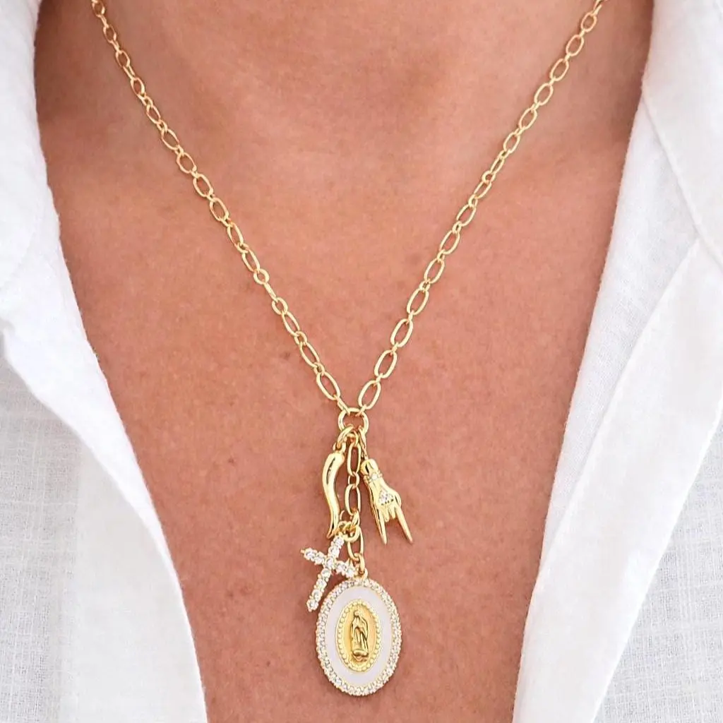 Gold Virgin Mary Italian Horn Cross Necklace, Mano Cornuto Good Luck Protection Amulet