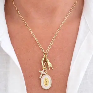 Gold Virgin Mary Italian Horn Cross Necklace, Mano Cornuto Good Luck Protection Amulet