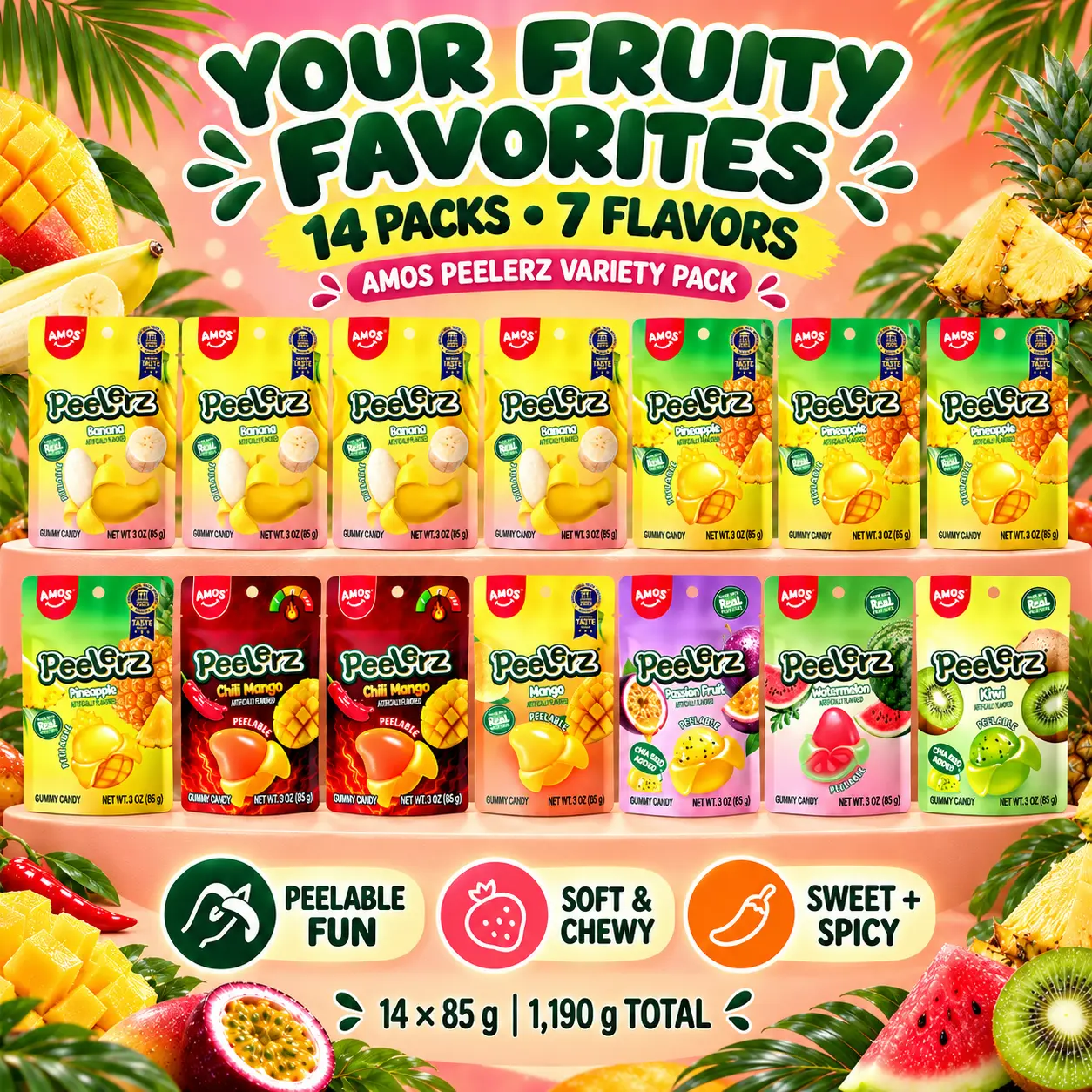 AMOS Peelerz Peelable Gummy Candy Variety Pack, 14 Bags, 7 Flavors with Banana, Pineapple, Chili Mango, Mango, Passion Fruit, Watermelon and Kiwi, 85g Each