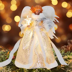 12" Lighted Christmas Angel Tree Topper, White Feathered Wings Christmas Tree Angel Decoration, Plug in Christmas Tree Top Angel Decoration, Suitable for Home Parties and Holiday Decorations