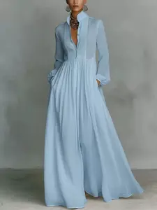Women's Fashion Button Front Lapel Long Sleeve Plain Dress, Comfortable Soft Fabric, Casual Vacation Style, Loose-Fitting Midi Dress