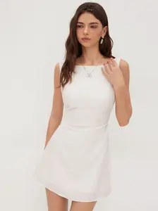 Cider Linen-blend Boat Neck Solid Knotted Backless Mini Dress