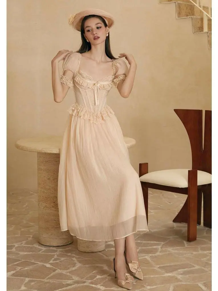 Cheryl Lady Corset Dress - Classic Silhouette with Polka Dot Stretch Tulle & Snow-Textured Fabric - 9 Boning Structures for Shaping & Support - Ruched Lace Cuffs & Mesh-Supported Sleeves Casual Women SwimWeek