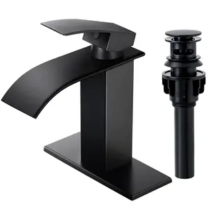 Senlesen Black Waterfall Bathroom Faucet Lavatory Single Handle 1 or 3 Hole Bathroom Sink Faucet Washbasin Faucet Vanity Mixer with Cover Plate and Pop-up Drain