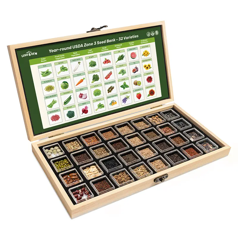 LUSH&DEW Year-Round USDA Zone 3 Seed Bank - 32 Organic Home Garden Seed Varieties for Resilient Northern Gardens