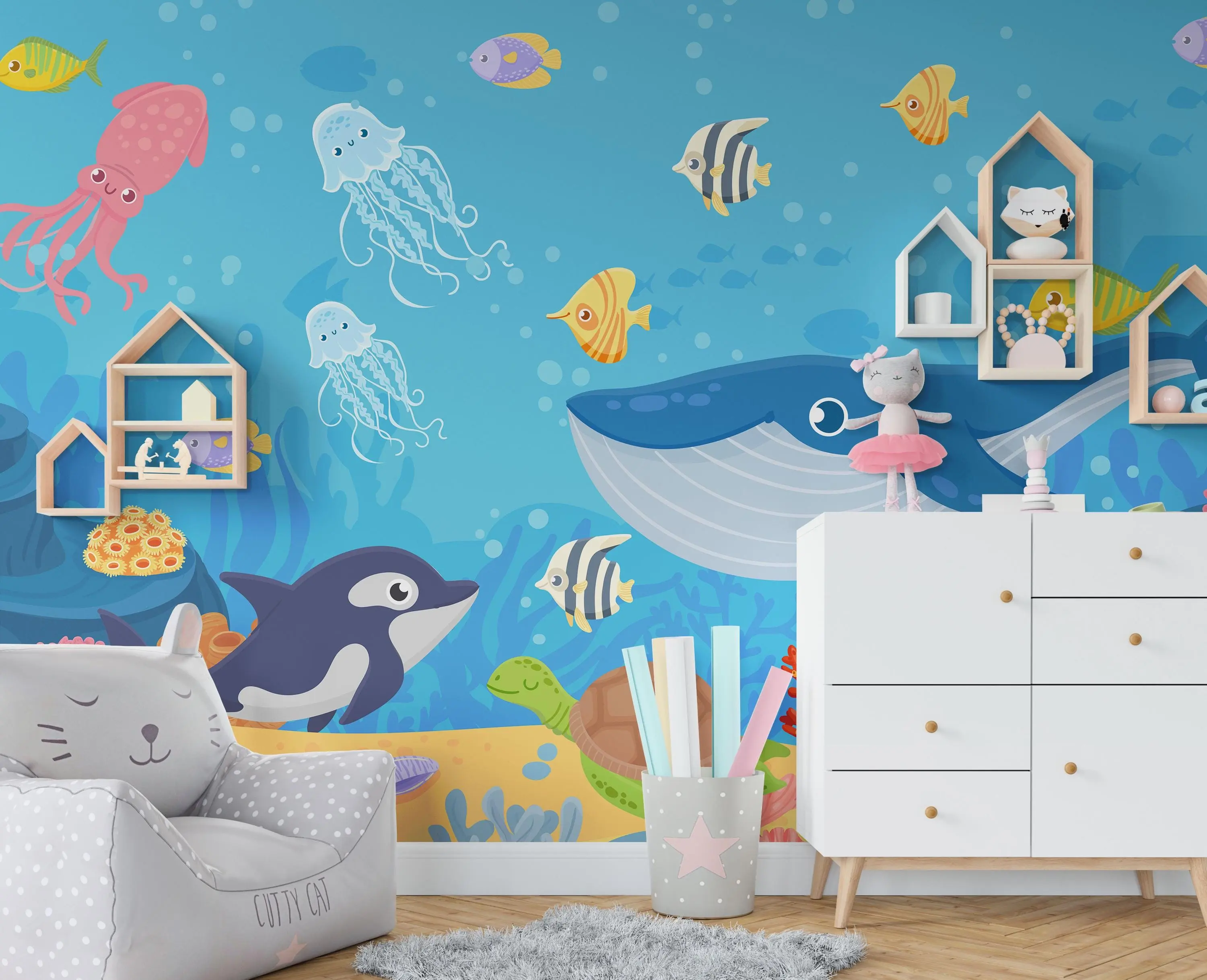 Underwater Ocean Animals Peel and Stick Wallpaper – Kids’ Room or Nursery Mural Featuring Whales, Jellyfish, Turtles and Coral Reef