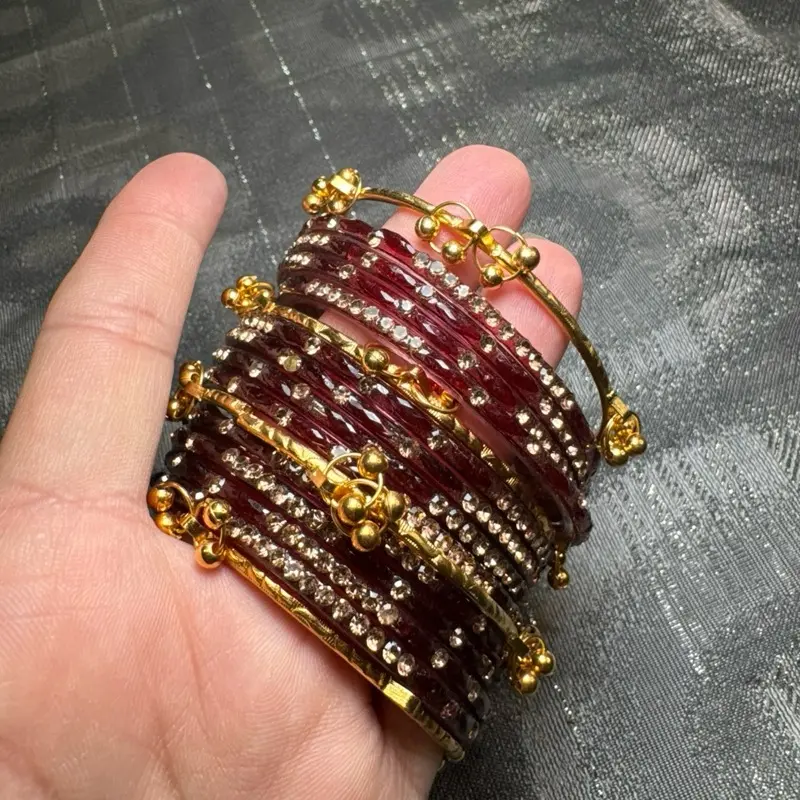 Glass Bangles Set 12pcs with 4pcs Kashmiri Gugru Bangles Vibrant Colors for Festive Wear size 2.6”and 2.4”Perfect for Celebrations and Parties
