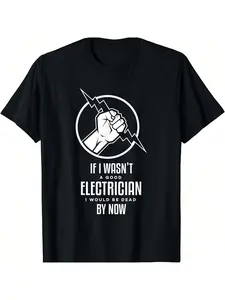 [Electrician Theme] Men'S T-Shirt with Electrician Humor, Geometric Fist Design, Casual Crew Neck, Short Sleeve, All-Season Knit Fabric, Regular Fit, Machine Washable - 100%
