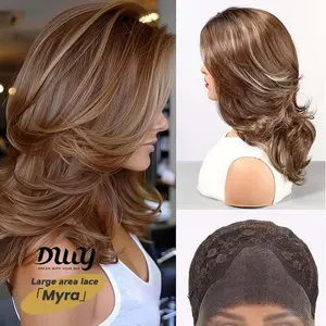 Myra - LIMITED RESTOCK! DWY 13×3  Lace Front Free Part Mid-Length Curly Brown with Highlights Glueless Synthetic Wig for Women 18 Inches