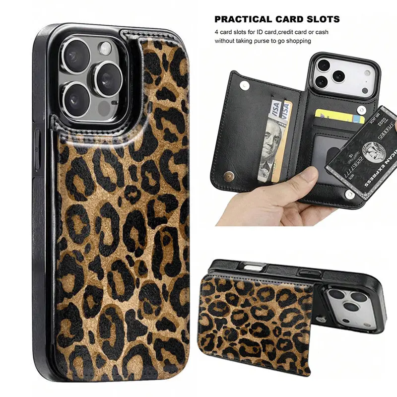 Cool, trendy, fashionable brown leopard print themed anti-drop leather card holder phone case,for iPhone 17 Pro Max Phone Case 17 Air 16 15 Plus 14 13 12 , Samsung Galaxy S25 ULTRA FE Plus S22 S23 FE S24 Plus