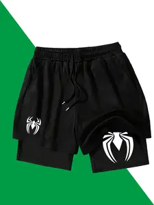 Men's 2-in-1 Spider Graphic Fitted Shorts - Streetwear Athletic Style, Drawstring Waist, Comfortable Fabric, Daily & Summer Casual Outfits