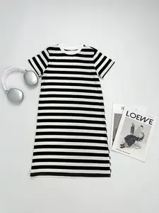 Girls Striped T-Shirt Dress, Children Short Sleeve Round Neck Long Dress, Summer Daily School Versatile Dress