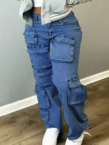Women's Street Y2k Multi Pocket Wide Leg Jeans, Hip-Hop Style Casual Loose Denim Work Pants, Women's Jeans And Clothing(The Size Is Slightly Small; It Is Recommended To Order One Size Up.)